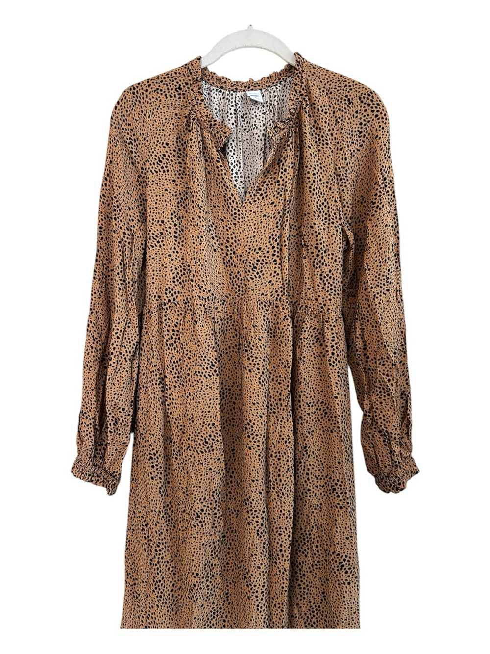 Old Navy Brown Animal Print Long Sleeve Midi Dress with Ruffle Hem Size Small